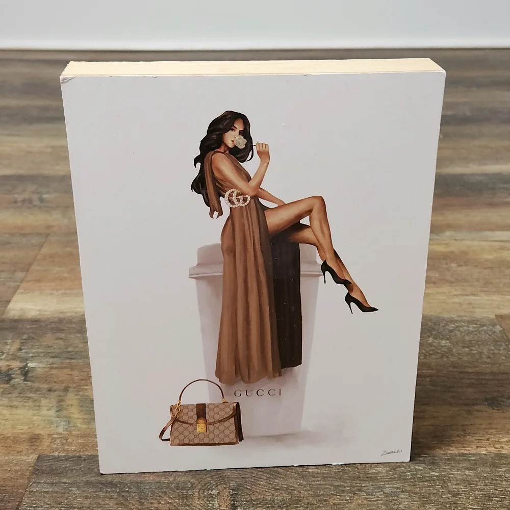 Wood Framed Print Glam Brand Fashion Girl ON Guccic Coffee Cup